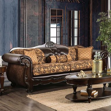 Traditional Faux Leather Tufted Sofa in Tan Brown