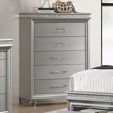 Contemporary Solid Wood 5-Drawer Chest in Silver