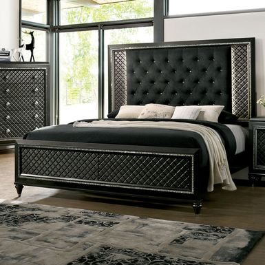 Contemporary Wood Tufted Panel Queen Bed in Metallic Gray