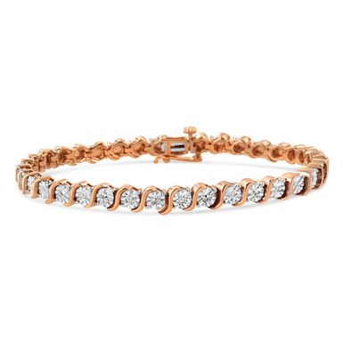 14K Rose Gold Plated .925 Sterling Silver 1/10 Cttw Diamond Round Miracle Plate and "S" Link Tennis Bracelet (I-J Color, I2- I3 Clarity) - 7"