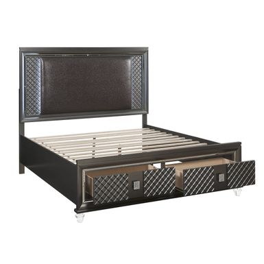 ACME Sawyer Queen Bed w/Storage & LED, Synthetic Leather & Metallic Gray