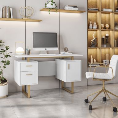 White and Gold Desk for Office with Drawers & Storage, 51.25" W