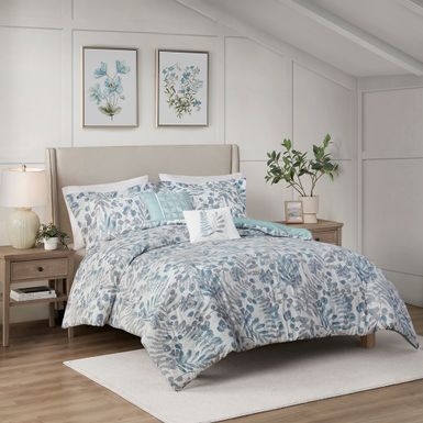 Blue Bonnie 5 Piece Botanical Floral Seersucker Comforter Set, Full/Queen