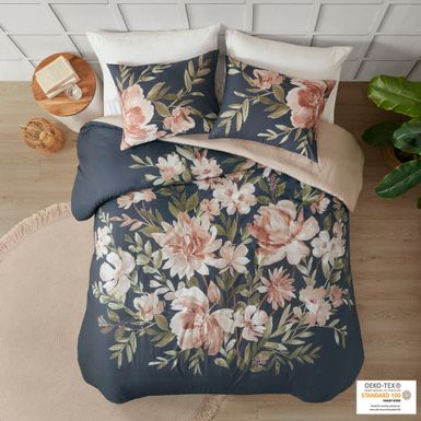 Navy Camillia 3 Piece Cotton Duvet Cover Set, Full/Queen