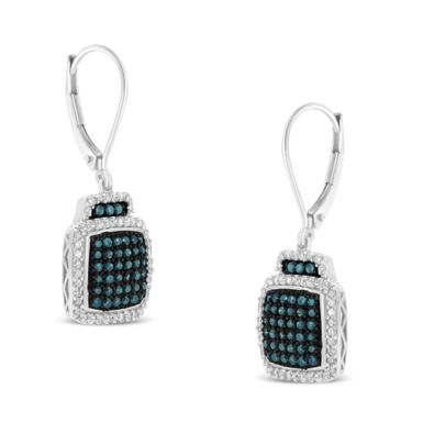 Black Rhodium over .925 Sterling Silver ¾ Cttw Blue and White Diamond Cushion Shaped Dangle Earrings (Enhanced Blue & I-J Color, I2-I3 Clarity)