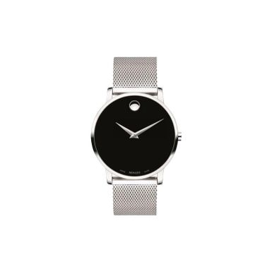 Movado  - Mens Museum Classic Silver-Tone Stainless Steel Mesh Watch Black Dial