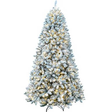 Fraser Hill Farm 7.5' Winter Snow Pine Flocked Tree, 8 Function Warm White LED Lights, EZ Connect, Timer, Remote