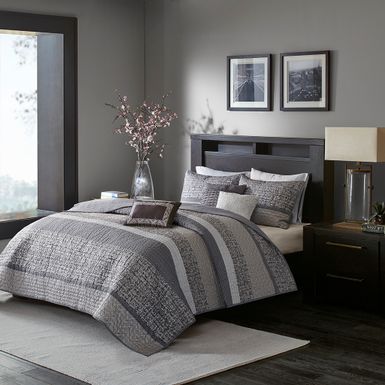 Grey/Taupe Rhapsody 6 Piece Reversible Jacquard Quilt Set with Throw Pillows King/Cal King