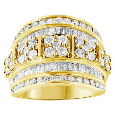 10K Yellow Gold over .925 Sterling Silver 2.0 Cttw Round & Baguette Cut Diamond Multi-Row Channel Set Tapered Cocktail Fashion Ring (I-J Color, I3 Clarity) - Size 7