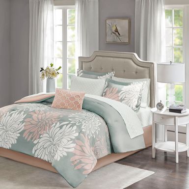 Blush/Grey Maible 9 Piece Comforter Set with Cotton Bed Sheets Cal King