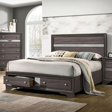 Contemporary Solid Wood 2-Drawer King Platform Bed in Grey