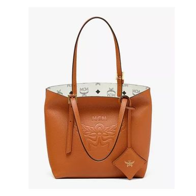 MCM Mini Himmel Shopper in Embossed Logo Leather- Cognac