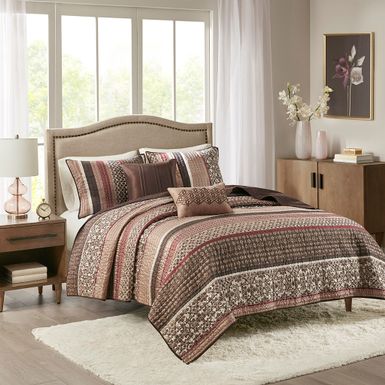 Red Princeton 5 Piece Jacquard Quilt Set with Throw Pillows King/Cal King