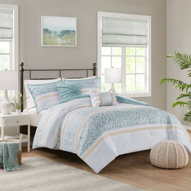 Aqua Caralie 5 Piece Seersucker Comforter Set with Throw Pillows, King/Cal King