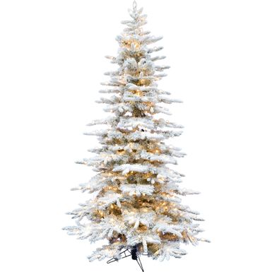 Fraser Hill Farm 6.5' Mountain Pine Flocked Snow Tree, Clear LED Lights, Easy Connect