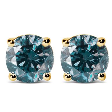 14K Yellow Gold 1.0 Cttw Round Brilliant Cut Lab Grown Blue Diamond 4-Prong Classic Solitaire Stud Earrings (Blue Color, VVS2-VS1 Clarity)