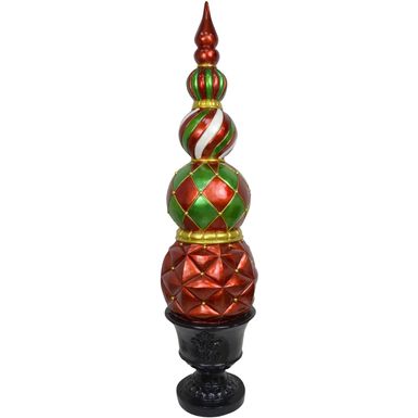 Fraser Hill Farm 50-In. Resin Ball and Finial Topiary in a Black Pedestal Urn - Indoor or Outdoor Christmas Decoration, Harlequin and Stripe