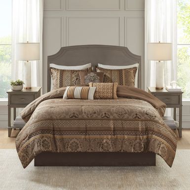 Brown/Gold Bellagio 7 Piece Jacquard Comforter Set, Cal King