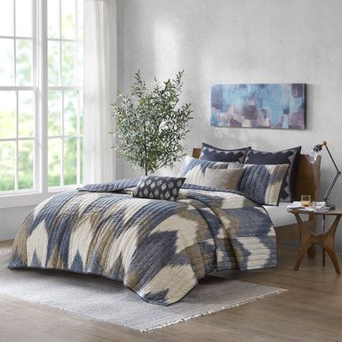 Navy Alpine 3 Piece Printed Cotton Quilt Set, Full/Queen