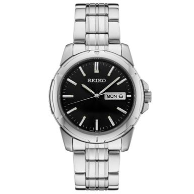 Seiko  - Mens Essentials Silver-Tone Stainless Steel Watch Black Dial