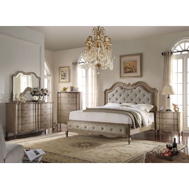 ACME Chelmsford Queen Bed, Beige Fabric & Antique Taupe