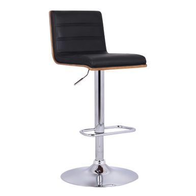 Aubrey Adjustable Height Swivel Black Faux Leather and Chrome Bar Stool with Walnut Wood