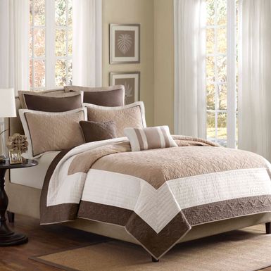 Beige Attingham 7 Piece Quilt Set with Euro Shams and Throw Pillows, Full/Queen