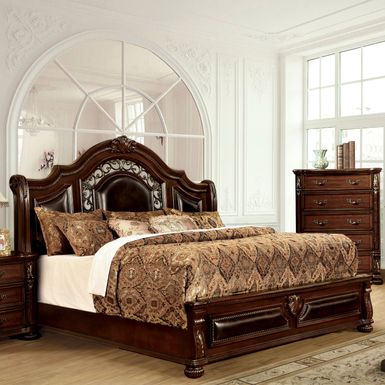 Traditional Solid Wood Panel King Bed in Brown Cherry