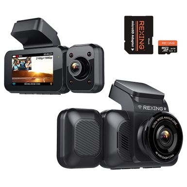 Rexing - V5C 3" 4K Dual Dash Cam with Dual Band WiFi GPS with Adhesive Mount - Black