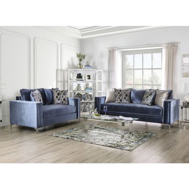 Contemporary Upholstered Sofa Set in Satin Blue