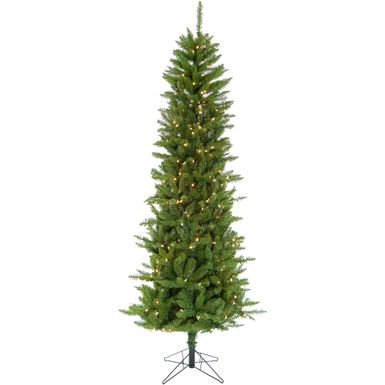 Christmas Time 7.5' Winter Wonderland, Green Slim Christmas Tree, Warm White LED Lights, Easy Connect