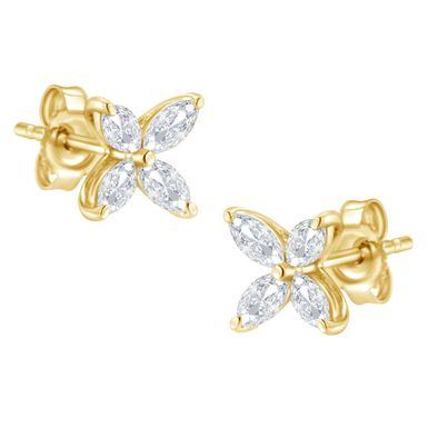 14K Yellow Gold 1/2 Cttw Marquise Diamond 8 Stone Floral Leaf Stud Earrings (H-I Color, SI1-SI2 Clarity)