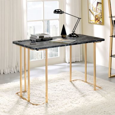 Contemporary Metal Writing Desk with USB in Gold/Black