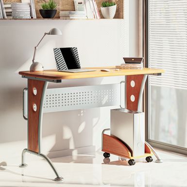 Modern Computer Desk with Mobile CPU Caddy, Dark Honey