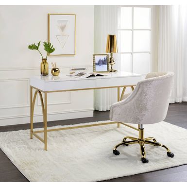 ACME Lightmane Writing Desk(Same AC00900), White High Gloss & Gold