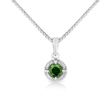 .925 Sterling Silver 1/10 Cttw Treated Green Diamond Solitaire 18" Milgrain Pendant Necklace (Green Color, I1-I2 Clarity)