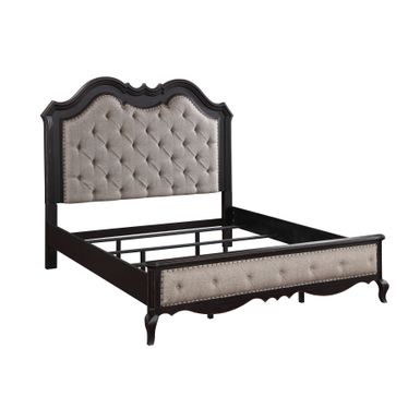 ACME Chelmsford Eastern King Bed, Beige Fabric & Antique Black Finish