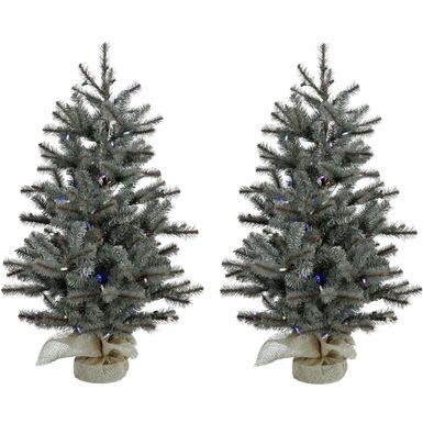 Christmas Time 4.0' Yardville Porch/Accent Tree with Burlap Base, Multi-Color Lights, Set of 2 Trees