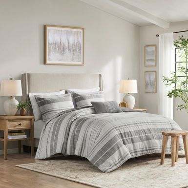 Grey/Multi Rhodes 4 Piece Stripe Comforter Set with Throw Pillow King/Cal King