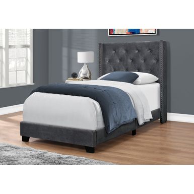 Bed - Twin Size / Dark Grey Velvet With Chrome Trim