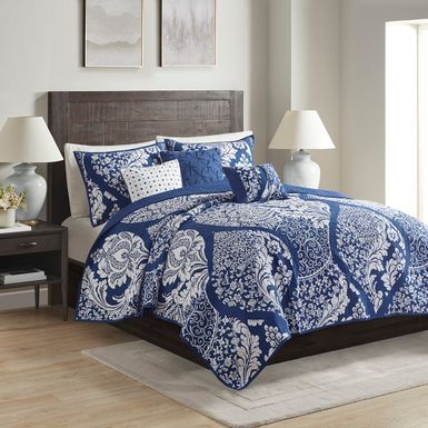 Indigo Vienna 6 Piece Printed Cotton Quilt Set with Throw Pillows Full/Queen