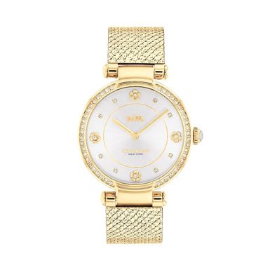 Coach  - Ladies Cary Crystal Gold-Tone Stainless Steel Mesh Watch White Dial