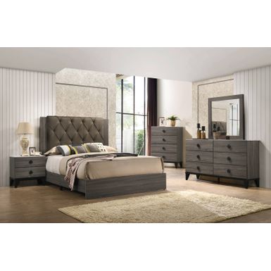 ACME Avantika Queen Bed, Fabric & Rustic Gray Oak