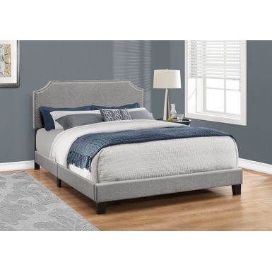 Bed/ Queen Size/ Platform/ Bedroom/ Frame/ Upholstered/ Linen Look/ Wood Legs/ Grey/ Chrome/ Transitional