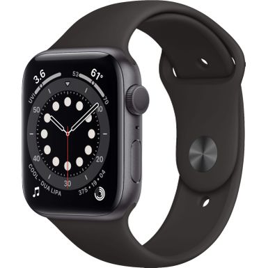 Apple - Geek Squad Certified Refurbished Watch Series 6 (GPS) 44mm Aluminum Case with Black Sport Band - Space Gray