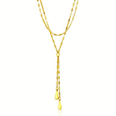 14k Yellow Gold Double Strand Chain with Puffed Heart Lariat Necklace (17 Inch)