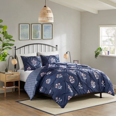 Navy Marfa 3 Piece Pintuck Duvet Cover Set Full/Queen