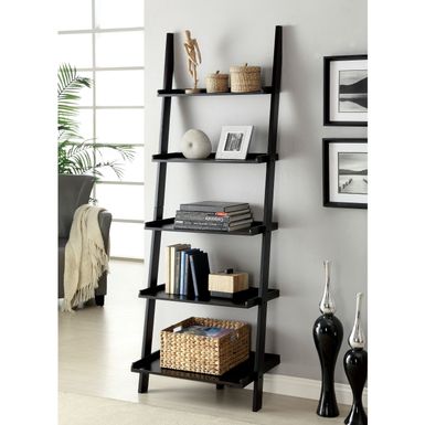 Transitional Wood 5-Shelf Ladder Shelf in Black