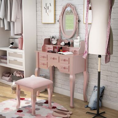 Traditional Wood 3-Piece Bedroom Vanity Set in Rose Gold