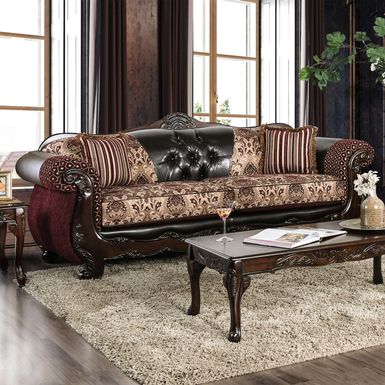 Traditional Faux Leather Tufted Sofa in Burgundy and Dark Brown